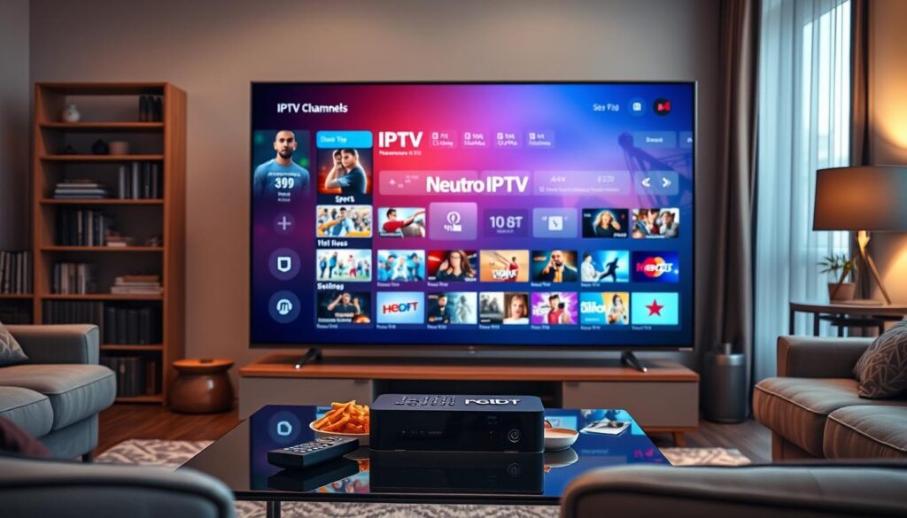 A sleek and modern IPTV player interface displayed on a high-resolution television screen in a cozy living room setting. In the foreground, the vibrant interface features various channels and a user-friendly menu with dynamic visuals of sports, movies, and shows. The middle section includes a stylish coffee table with a remote control and snacks, reflecting a relaxed atmosphere. In the background, soft lighting creates a warm ambiance, with a bookshelf and personal decorations enhancing the homey feel. The scene captures the essence of convenience and entertainment, showcasing the Neutro IPTV Player as the centerpiece. The brand name "iptvservicemax.com" subtly displayed on the television screen. The overall mood is inviting and engaging, inviting viewers to experience seamless streaming.