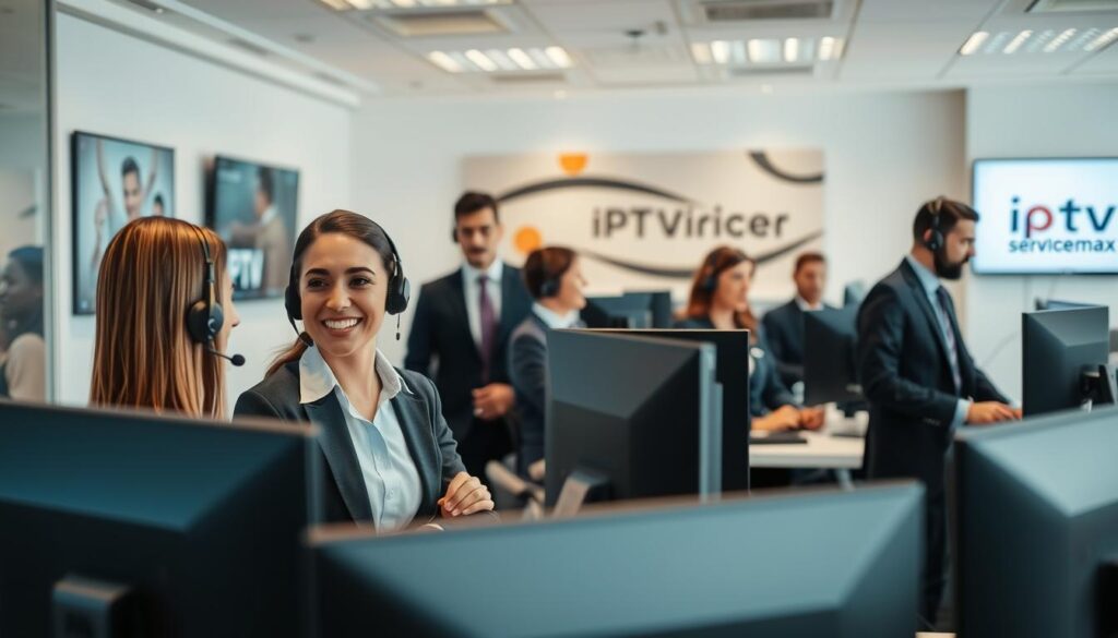 A sleek and modern customer support office, featuring a diverse team of professionals in business attire assisting clients with IPTV services. In the foreground, a friendly customer support agent is visibly engaged in a conversation with a client, surrounded by state-of-the-art technology like dual monitors displaying IPTV interfaces. In the middle ground, additional team members are seen consulting on headsets, displaying focus and teamwork. The background showcases a bright and inviting office space with IPTV-related artwork and branding elements subtly featuring "iptvservicemax.com". Soft, diffused lighting creates a warm atmosphere, while a shallow depth of field focuses on the interaction, evoking a sense of professionalism and reliability in customer support. A sleek and modern customer support office, featuring a diverse team of professionals in business attire assisting clients with IPTV services. In the foreground, a friendly customer support agent is visibly engaged in a conversation with a client, surrounded by state-of-the-art technology like dual monitors displaying IPTV interfaces. In the middle ground, additional team members are seen consulting on headsets, displaying focus and teamwork. The background showcases a bright and inviting office space with IPTV-related artwork and branding elements subtly featuring "iptvservicemax.com". Soft, diffused lighting creates a warm atmosphere, while a shallow depth of field focuses on the interaction, evoking a sense of professionalism and reliability in customer support.