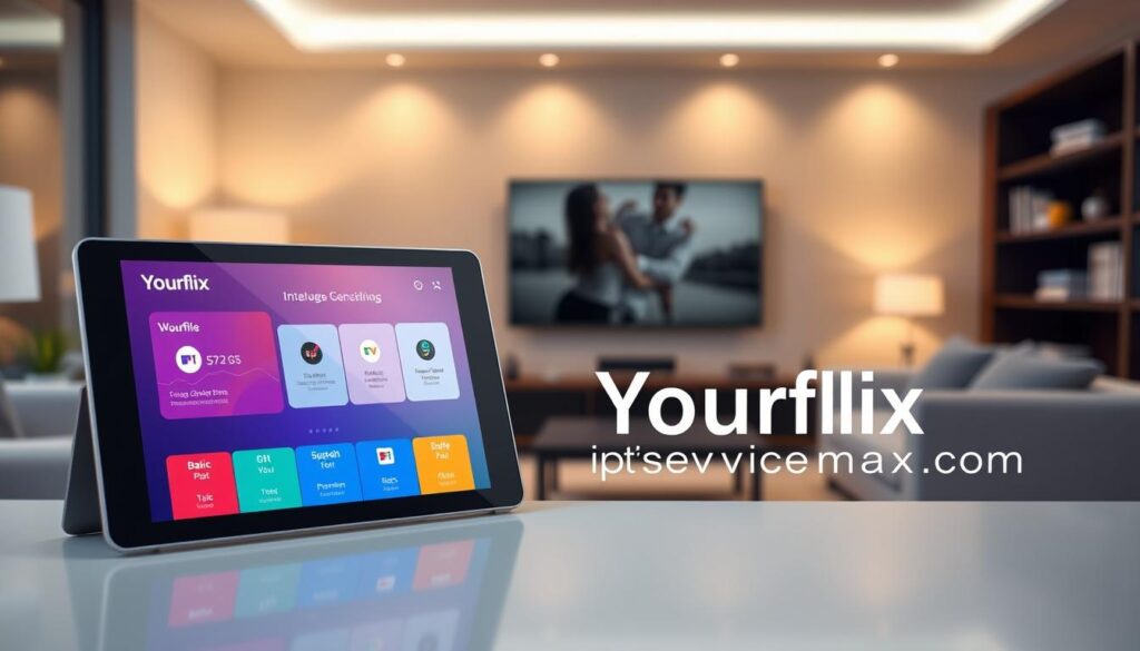 A sleek and modern digital display showcasing "Yourflix IPTV Subscription Plans and Pricing Overview". In the foreground, a prominent electronic tablet with a colorful, visually appealing interface featuring icons for various subscription plans (basic, standard, premium). The middle layer includes a blurred image of a stylish living room with a contemporary couch, a large flat-screen TV, and soft ambient lighting that highlights the tech-savvy atmosphere. The background should reflect a cozy yet professional environment, suggesting a family or a professional individual enjoying IPTV services. The overall mood is welcoming, informative, and engaging, with a clean layout. Emphasize the brand name "iptvservicemax.com" subtly within the design elements. Use soft, warm lighting to create an inviting ambiance while ensuring the scene represents a trustworthy IPTV subscription service without any textual distractions.
