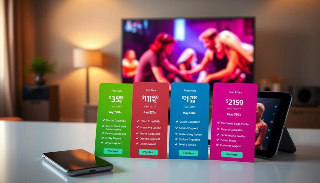 A sleek and modern digital interface showcasing the pricing, plans, and payment options for IPTV Geeks. In the foreground, display several vibrant, color-coded plan options, each represented by an elegant card format featuring icons for various streaming features, such as HD quality, device compatibility, and customer support. The middle layer includes a smartphone and a tablet set against a minimalist desk, emphasizing accessibility on different devices. In the background, a soft-focus home entertainment setup illustrates a comfortable ambiance with a large screen playing a vibrant movie scene, hinting at the streaming experience. Use warm, inviting lighting with a slight spotlight effect on the pricing cards to draw attention. The atmosphere should feel professional and user-friendly, aimed at an audience seeking value in their streaming services. Include the brand name "iptvservicemax.com" subtly integrated into the design. A sleek and modern digital interface showcasing the pricing, plans, and payment options for IPTV Geeks. In the foreground, display several vibrant, color-coded plan options, each represented by an elegant card format featuring icons for various streaming features, such as HD quality, device compatibility, and customer support. The middle layer includes a smartphone and a tablet set against a minimalist desk, emphasizing accessibility on different devices. In the background, a soft-focus home entertainment setup illustrates a comfortable ambiance with a large screen playing a vibrant movie scene, hinting at the streaming experience. Use warm, inviting lighting with a slight spotlight effect on the pricing cards to draw attention. The atmosphere should feel professional and user-friendly, aimed at an audience seeking value in their streaming services. Include the brand name "iptvservicemax.com" subtly integrated into the design.