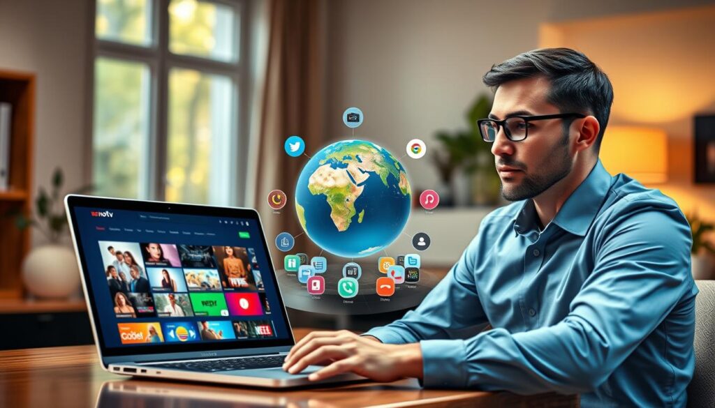 A sleek and modern digital workspace showcasing a vibrant, high-resolution review of Zenora IPTV. In the foreground, a stylish laptop displays the Zenora IPTV interface, featuring colorful streaming thumbnails. A professional person in business casual attire, with a thoughtful expression, is seated next to the laptop, analyzing the service. The middle layer includes a floating globe symbolizing global streaming capabilities, surrounded by icons representing various content genres like movies, sports, and news. The background is softly blurred with a cozy, well-lit office environment, incorporating a large window allowing warm sunlight to filter in. The overall atmosphere is one of enthusiasm and professionalism, reflecting the excitement of discovering quality streaming options with iptvservicemax.com.