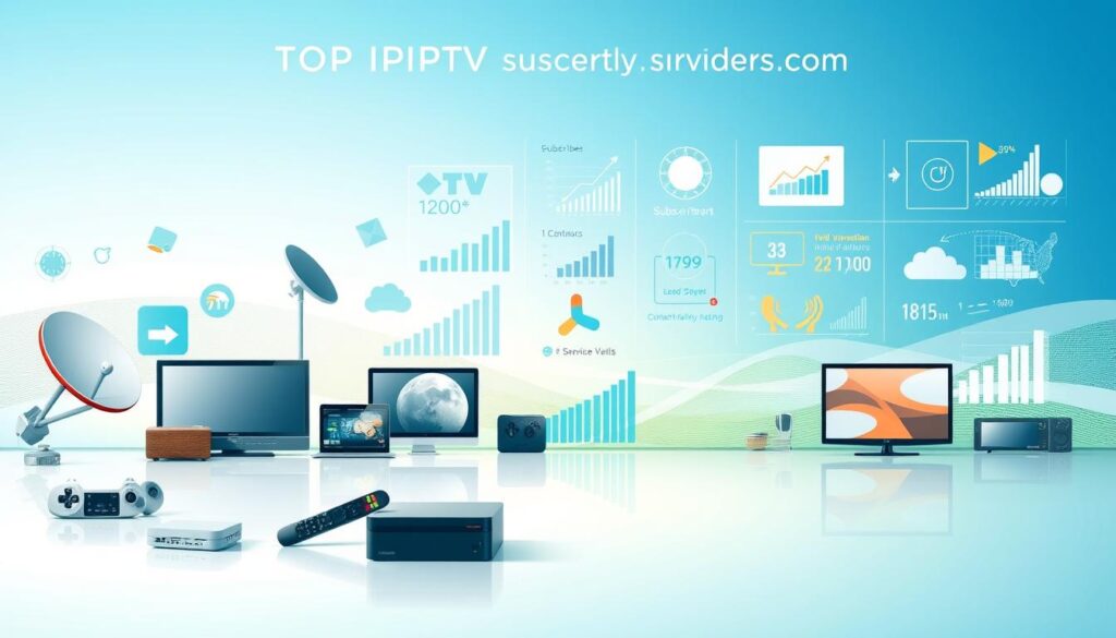 A sleek and modern infographic illustrating an overview of IPTV service providers. In the foreground, visually striking icons representing various IPTV services, including satellite dishes, streaming devices, and remote controls, arranged in a dynamic layout. The middle ground features a fluid arrangement of graphs and charts showcasing subscriber growth, service ratings, and content variety. The background is a soft gradient of blue and green, suggesting technology and connectivity, with abstract wave patterns symbolizing digital streaming. The lighting is bright and professional, emphasizing clarity and emphasis on detail. The atmosphere is optimistic and informed, inviting viewers to learn about top IPTV subscription providers, including the brand "iptvservicemax.com". A sleek and modern infographic illustrating an overview of IPTV service providers. In the foreground, visually striking icons representing various IPTV services, including satellite dishes, streaming devices, and remote controls, arranged in a dynamic layout. The middle ground features a fluid arrangement of graphs and charts showcasing subscriber growth, service ratings, and content variety. The background is a soft gradient of blue and green, suggesting technology and connectivity, with abstract wave patterns symbolizing digital streaming. The lighting is bright and professional, emphasizing clarity and emphasis on detail. The atmosphere is optimistic and informed, inviting viewers to learn about top IPTV subscription providers, including the brand "iptvservicemax.com".