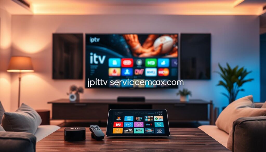 A sleek and modern living room setting showcasing an Apple TV prominently displayed on a large flat screen. In the foreground, a stylish coffee table with a remote and a tablet displaying various IPTV app icons. The middle ground features a comfortable sofa with plush cushions, inviting viewers to relax and enjoy seamless streaming. Bright and ambient lighting creates a warm, welcoming atmosphere, while a subtle glare on the TV screen accentuates the clarity of the IPTV apps. In the background, minimalistic decor with soft colors and plants enhances the cozy vibe. Include an elegant presentation of the brand name "iptvservicemax.com," subtly integrated into the design without being intrusive. The overall mood is vibrant and engaging, perfect for family entertainment.