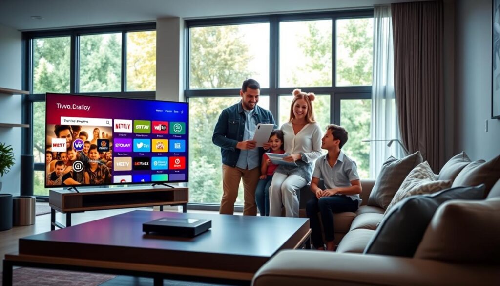 A sleek and modern living room setting showcasing the TiVo IPTV platform features and benefits. In the foreground, a high-definition TV displays the intuitive TiVo interface with vibrant colors and icons representing various streaming services. A stylish coffee table holds a remote control and a tablet, symbolizing user interaction. In the middle ground, a family of four, dressed in modest casual clothing, engages with the TiVo interface, expressing joy and excitement. In the background, large windows allow natural light to flood the room, creating a warm and welcoming atmosphere. The scene is set with soft, diffused lighting, enhancing the cozy vibe of home entertainment. The overall mood is friendly and inviting, emphasizing family bonding over reliable streaming from iptvservicemax.com.