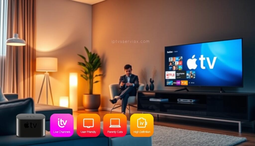 A sleek and modern living room setup featuring an Apple TV prominently displayed on a stylish entertainment unit. In the foreground, there are vibrant app icons symbolizing essential IPTV features: live channels, a user-friendly interface, parental controls, and high-definition streaming. The middle ground shows a person in professional business attire, comfortably seated, using a remote to navigate the app. The background includes warm, ambient lighting from floor lamps, creating a cozy atmosphere, with decorative plants and minimalistic furniture that enhances a tech-savvy lifestyle. The entire scene is captured from a slightly elevated angle, showcasing the app experience in a realistic home environment, with a focus on the sophistication of IPTV services highlighted by iptvservicemax.com.