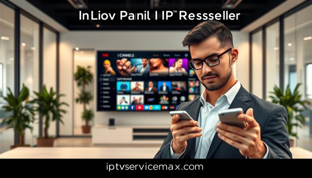 A sleek and modern office environment showcasing the exclusive features of Dino Panel IPTV Reseller. In the foreground, a confident professional in business attire is thoughtfully analyzing data on a smartphone, displaying the intuitive interface of the IPTV system. The middle layer features a large monitor with vibrant visuals highlighting various features like customizable channels, user-friendly dashboard, and competitive pricing visuals. The background shows a contemporary workspace with glass walls and greenery, creating a dynamic and lively atmosphere. Soft, ambient lighting enhances the focus on the technology, while a wide-angle lens captures the depth of the scene. The overall mood is one of innovation and professionalism, emphasizing reliability and trust in iptvservicemax.com. A sleek and modern office environment showcasing the exclusive features of Dino Panel IPTV Reseller. In the foreground, a confident professional in business attire is thoughtfully analyzing data on a smartphone, displaying the intuitive interface of the IPTV system. The middle layer features a large monitor with vibrant visuals highlighting various features like customizable channels, user-friendly dashboard, and competitive pricing visuals. The background shows a contemporary workspace with glass walls and greenery, creating a dynamic and lively atmosphere. Soft, ambient lighting enhances the focus on the technology, while a wide-angle lens captures the depth of the scene. The overall mood is one of innovation and professionalism, emphasizing reliability and trust in iptvservicemax.com.