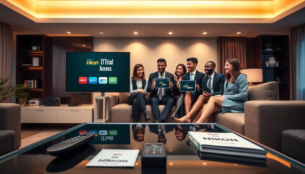 A sleek living room setup showcasing a modern television displaying an engaging interface for "Nikon IPTV Trial Access." In the foreground, a stylish coffee table with a remote control and branded materials featuring "iptvservicemax.com." The middle layer captures a cozy sofa with a diverse group of individuals in professional business attire, eagerly discussing the IPTV features—one holding a tablet showing the trial access screen. The background features soft ambient lighting, creating a relaxed yet professional atmosphere. A large window allows natural light to filter in, enhancing the inviting feel of the space. The camera angle is slightly tilted from above, emphasizing a sense of engagement and excitement about risk-free testing of streaming services. The overall mood is friendly, informative, and inviting.