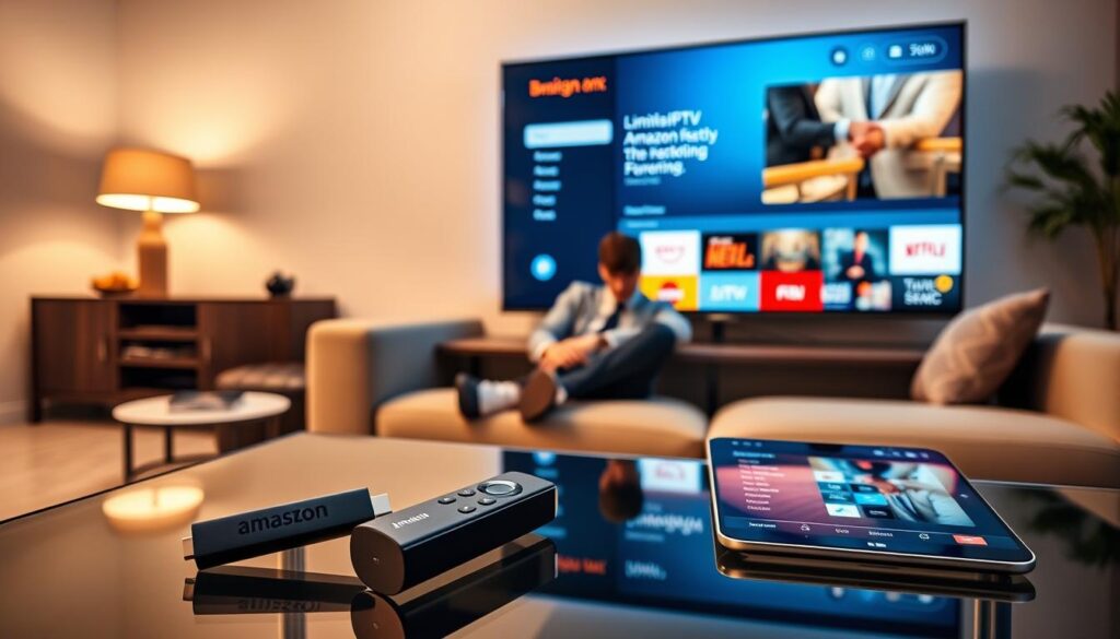 A sleek living room setup showcasing a modern television displaying the interface of Limitless Amazon IPTV on a Firestick. In the foreground, a stylish remote control rests on a glass coffee table. The middle ground features a cozy sofa with a person in professional casual attire, intently navigating through streaming options on the TV screen. The background reveals minimalistic decor with soft lighting, emphasizing a warm and inviting atmosphere. A digital tablet lies beside the remote, showing the IPTV setup process. The scene conveys a sense of ease and modern technology in home entertainment. The image is well-lit with a cozy, ambient glow, using a wide-angle lens for a broad perspective, and capturing the essence of seamless streaming solutions from iptvservicemax.com.
