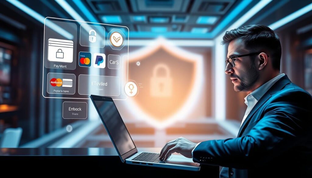 A sleek, modern digital wallet interface showcasing various payment methods like credit cards, PayPal, and cryptocurrency icons, set against a futuristic background of a secure online transaction environment. In the foreground, a confident professional in business attire looks at a laptop displaying the iptvservicemax.com website, with a subtle glow emanating from the screen, highlighting security features like a padlock symbol and encryption graphics. The atmosphere is one of trust and technological sophistication, enhanced by soft, ambient lighting that creates shadows and depth, shot from a slightly elevated angle to emphasize the laptop and the wallet interface. The image embodies the essence of secure streaming payment systems while maintaining a clean and engaging visual style. A sleek, modern digital wallet interface showcasing various payment methods like credit cards, PayPal, and cryptocurrency icons, set against a futuristic background of a secure online transaction environment. In the foreground, a confident professional in business attire looks at a laptop displaying the iptvservicemax.com website, with a subtle glow emanating from the screen, highlighting security features like a padlock symbol and encryption graphics. The atmosphere is one of trust and technological sophistication, enhanced by soft, ambient lighting that creates shadows and depth, shot from a slightly elevated angle to emphasize the laptop and the wallet interface. The image embodies the essence of secure streaming payment systems while maintaining a clean and engaging visual style.
