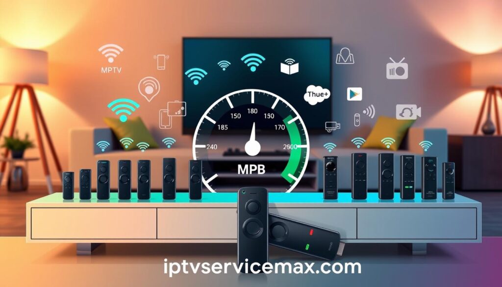 A sleek, modern illustration showing the Firestick IPTV speed requirements divided by device generation. In the foreground, an array of Firestick devices, each representing a different generation, displayed prominently on a stylish media console. In the middle, a visual speed gauge showcasing various Mbps indicators, blending seamlessly with tech-themed graphics, such as Wi-Fi signals and streaming icons. The background features a contemporary living room setting with soft, warm lighting, casting gentle shadows that enhance the overall atmosphere, creating a tech-savvy feel. The color palette should incorporate vibrant blues and greens for an energetic yet informative mood. Incorporate the branding of "iptvservicemax.com" subtly within the design, ensuring it complements the visual theme.