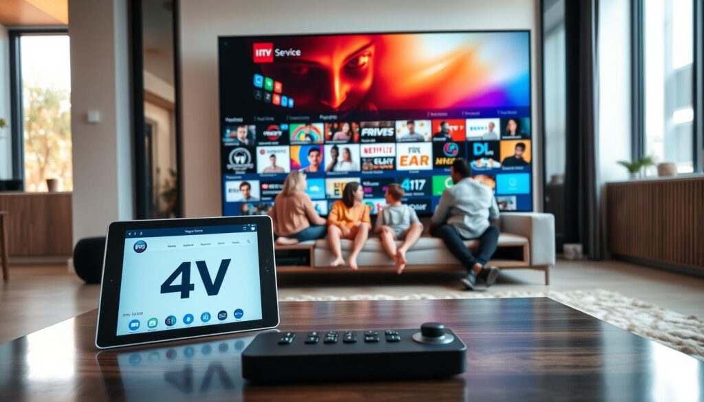 A sleek, modern living room featuring a large flat-screen TV displaying stunning 4K visuals, showcasing a vibrant array of channels available through top IPTV services. In the foreground, a stylish coffee table holds a remote control and a tablet showing the iptvservicemax.com website, emphasizing user-friendliness. The middle ground includes a comfortable sofa with plush cushions, where a family comfortably enjoys their viewing experience, dressed in casual, modest attire. The background reveals a large window with bright daylight filtering in, creating a warm and inviting atmosphere. Soft lighting enhances the cozy ambiance, while the composition focuses on the joy of home entertainment and the capabilities of 4K IPTV streaming in the USA. A sleek, modern living room featuring a large flat-screen TV displaying stunning 4K visuals, showcasing a vibrant array of channels available through top IPTV services. In the foreground, a stylish coffee table holds a remote control and a tablet showing the iptvservicemax.com website, emphasizing user-friendliness. The middle ground includes a comfortable sofa with plush cushions, where a family comfortably enjoys their viewing experience, dressed in casual, modest attire. The background reveals a large window with bright daylight filtering in, creating a warm and inviting atmosphere. Soft lighting enhances the cozy ambiance, while the composition focuses on the joy of home entertainment and the capabilities of 4K IPTV streaming in the USA.