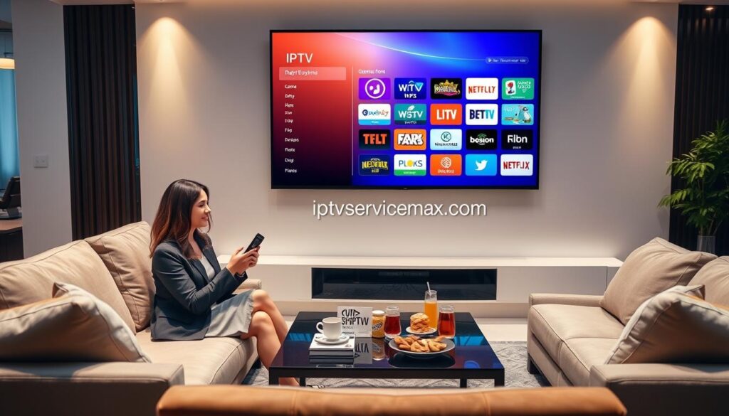 A sleek, modern living room featuring a large, high-definition television mounted on the wall, displaying a vibrant interface of B1G IPTV streaming technology. In the foreground, a well-dressed professional woman is comfortably seated on a plush sofa, holding a remote in one hand and a smartphone in the other, symbolizing the ease of navigation through streaming options. In the middle, a stylish coffee table is adorned with snacks and drinks, creating a relaxed atmosphere. The background showcases contemporary decor with warm lighting that enhances the inviting ambiance. A subtle indication of the brand "iptvservicemax.com" is integrated into the TV screen, emphasizing the theme of advanced streaming services. The image should convey a sense of innovation and convenience, making viewers feel intrigued and engaged with IPTV technology. A sleek, modern living room featuring a large, high-definition television mounted on the wall, displaying a vibrant interface of B1G IPTV streaming technology. In the foreground, a well-dressed professional woman is comfortably seated on a plush sofa, holding a remote in one hand and a smartphone in the other, symbolizing the ease of navigation through streaming options. In the middle, a stylish coffee table is adorned with snacks and drinks, creating a relaxed atmosphere. The background showcases contemporary decor with warm lighting that enhances the inviting ambiance. A subtle indication of the brand "iptvservicemax.com" is integrated into the TV screen, emphasizing the theme of advanced streaming services. The image should convey a sense of innovation and convenience, making viewers feel intrigued and engaged with IPTV technology.