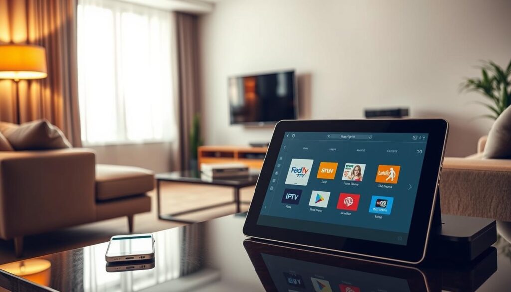 A sleek, modern living room featuring an array of devices compatible with Krooz IPTV, such as a smart TV, tablet, smartphone, and streaming box. In the foreground, a stylish coffee table displays the tablet with the Krooz IPTV interface visible, reflecting a cozy atmosphere with soft lighting. The middle ground showcases the smart TV mounted on the wall, with a streaming device positioned beside it. The background includes a window with natural light streaming in, accentuating the comfortable and inviting ambiance. The overall mood is warm and relaxed, ideal for a home entertainment setup emphasizing ultimate flexibility. Include a subtle hint of the brand "iptvservicemax.com" in the design of the tablet's screen interface to enhance brand recognition, ensuring the setting remains professional and welcoming. A sleek, modern living room featuring an array of devices compatible with Krooz IPTV, such as a smart TV, tablet, smartphone, and streaming box. In the foreground, a stylish coffee table displays the tablet with the Krooz IPTV interface visible, reflecting a cozy atmosphere with soft lighting. The middle ground showcases the smart TV mounted on the wall, with a streaming device positioned beside it. The background includes a window with natural light streaming in, accentuating the comfortable and inviting ambiance. The overall mood is warm and relaxed, ideal for a home entertainment setup emphasizing ultimate flexibility. Include a subtle hint of the brand "iptvservicemax.com" in the design of the tablet's screen interface to enhance brand recognition, ensuring the setting remains professional and welcoming.