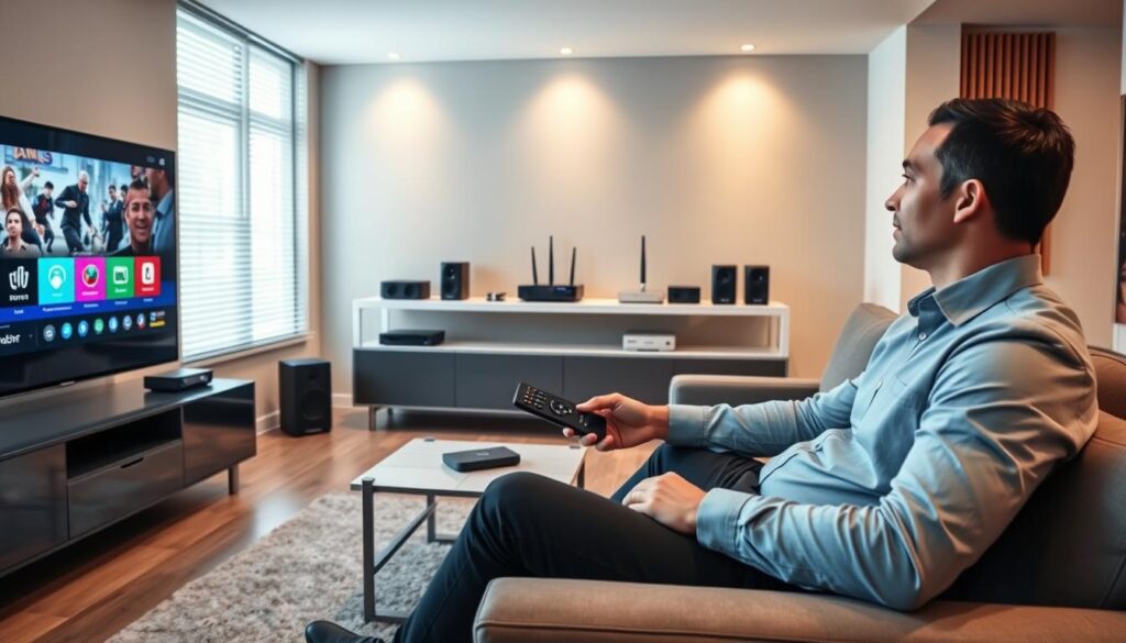 A sleek, modern living room set up for IPTV streaming, featuring a large flat-screen TV displaying vibrant streaming interface graphics. In the foreground, a professional looking individual in business casual attire sits comfortably on a stylish couch, holding a remote control, their expression focused and engaged. In the middle, various electronic devices like a streaming box, routers, and high-quality speakers are arranged neatly on a minimalistic shelf, symbolizing technical considerations for smooth IPTV performance. In the background, soft ambient lighting creates a warm atmosphere, while window blinds allow natural light to filter in, reflecting a cozy yet high-tech environment. The scene should evoke a sense of reliability and quality in streaming technology. Include the brand logo "iptvservicemax.com" subtly integrated into the room's decor. A sleek, modern living room set up for IPTV streaming, featuring a large flat-screen TV displaying vibrant streaming interface graphics. In the foreground, a professional looking individual in business casual attire sits comfortably on a stylish couch, holding a remote control, their expression focused and engaged. In the middle, various electronic devices like a streaming box, routers, and high-quality speakers are arranged neatly on a minimalistic shelf, symbolizing technical considerations for smooth IPTV performance. In the background, soft ambient lighting creates a warm atmosphere, while window blinds allow natural light to filter in, reflecting a cozy yet high-tech environment. The scene should evoke a sense of reliability and quality in streaming technology. Include the brand logo "iptvservicemax.com" subtly integrated into the room's decor.