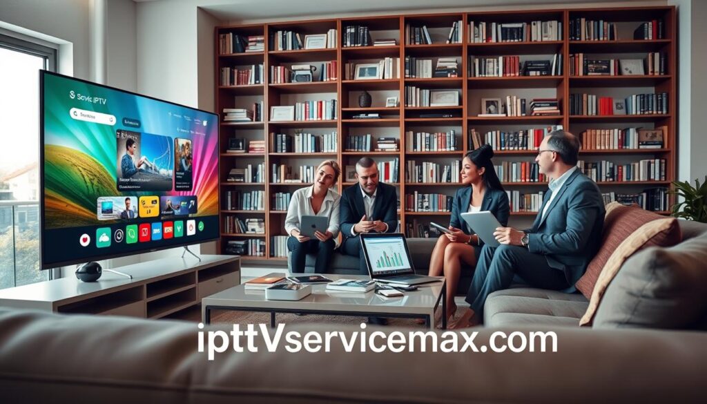 A sleek, modern living room setting as the foreground, featuring a large flat-screen TV displaying an IPTV interface with vibrant visuals and a remote control nearby. In the middle ground, a diverse group of three professionals, dressed in smart casual attire, are engaged in discussion around a coffee table with tablets and laptops, showcasing charts and diagrams related to IPTV technology. The background includes bookshelves filled with technology and legal textbooks, indicating a research environment. Soft, natural lighting filters in through large windows, creating an inviting atmosphere. The composition captures a mood of curiosity and engagement, emphasizing the exploration of IPTV's technology and legality in the USA. Prominently displayed in the scene is the brand "iptvservicemax.com" as a visual element.
