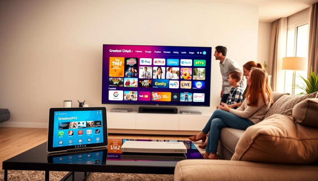 A sleek, modern living room setting as the foreground, featuring a large flat-screen TV displaying a vibrant interface of the GreatestIPTV service with dynamic channel options. A stylish coffee table is adorned with a tablet showing the iptvservicemax.com website, emphasizing user-friendly navigation. The middle ground showcases a happy family of diverse individuals gathered around the TV, all dressed in professional casual attire, deeply engaged in watching their favorite shows. The background is a cozy, well-decorated room with soft ambient lighting, creating a welcoming atmosphere, and a large window letting in warm sunlight. Shot with a slightly elevated angle to capture the interaction, the overall mood is inviting and family-oriented, highlighting the joy of quality IPTV entertainment. A sleek, modern living room setting as the foreground, featuring a large flat-screen TV displaying a vibrant interface of the GreatestIPTV service with dynamic channel options. A stylish coffee table is adorned with a tablet showing the iptvservicemax.com website, emphasizing user-friendly navigation. The middle ground showcases a happy family of diverse individuals gathered around the TV, all dressed in professional casual attire, deeply engaged in watching their favorite shows. The background is a cozy, well-decorated room with soft ambient lighting, creating a welcoming atmosphere, and a large window letting in warm sunlight. Shot with a slightly elevated angle to capture the interaction, the overall mood is inviting and family-oriented, highlighting the joy of quality IPTV entertainment.