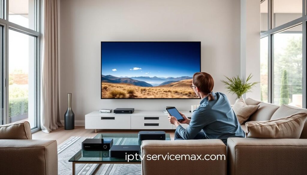 A sleek modern living room setting forms the foreground, featuring a large flat-screen TV displaying a stunning resolution of a nature scene, symbolizing IPTV streaming quality. A professional, casually dressed individual is seated on a comfortable couch, intently watching the screen, showcasing an engaged and satisfied expression. In the middle ground, a stylish coffee table holds various streaming devices and a tablet, emphasizing advanced technology. The background reveals large windows with natural light streaming in, creating a warm and inviting atmosphere. Use soft, ambient lighting to enhance the cozy mood, and angle the scene to capture the viewer's perspective of both the person and the TV. Include a subtle logo of "iptvservicemax.com" integrated into the design, ensuring a professional yet inviting look. A sleek modern living room setting forms the foreground, featuring a large flat-screen TV displaying a stunning resolution of a nature scene, symbolizing IPTV streaming quality. A professional, casually dressed individual is seated on a comfortable couch, intently watching the screen, showcasing an engaged and satisfied expression. In the middle ground, a stylish coffee table holds various streaming devices and a tablet, emphasizing advanced technology. The background reveals large windows with natural light streaming in, creating a warm and inviting atmosphere. Use soft, ambient lighting to enhance the cozy mood, and angle the scene to capture the viewer's perspective of both the person and the TV. Include a subtle logo of "iptvservicemax.com" integrated into the design, ensuring a professional yet inviting look.