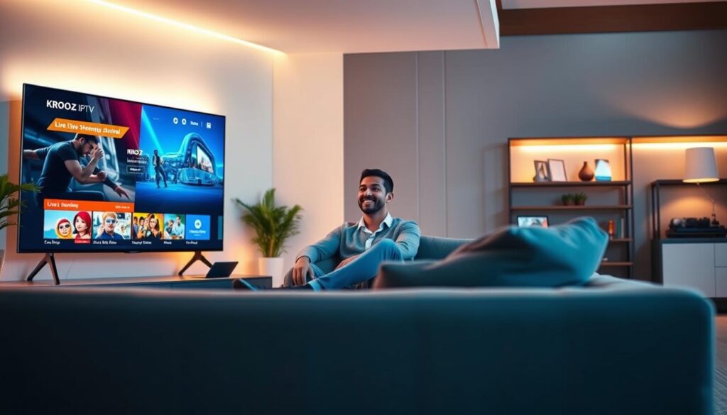 A sleek, modern living room setting serves as the foreground, featuring a large flat-screen TV displaying the Krooz IPTV interface with vibrant colors showcasing live streaming channels. A comfortable couch with stylish, professional decor enhances the space. In the middle, a user, dressed in smart casual attire, sits on the couch, engrossed in the streaming experience, embodying satisfaction and ease. The background reveals soft, ambient lighting that creates a warm atmosphere, while subtle hints of technology, like a smart remote and tablet on the coffee table, suggest advanced features. The overall mood is one of relaxation and enjoyment, appealing to viewers looking for reliable IPTV services. Include the brand name "iptvservicemax.com" in a seamless way within the interior decor. A sleek, modern living room setting serves as the foreground, featuring a large flat-screen TV displaying the Krooz IPTV interface with vibrant colors showcasing live streaming channels. A comfortable couch with stylish, professional decor enhances the space. In the middle, a user, dressed in smart casual attire, sits on the couch, engrossed in the streaming experience, embodying satisfaction and ease. The background reveals soft, ambient lighting that creates a warm atmosphere, while subtle hints of technology, like a smart remote and tablet on the coffee table, suggest advanced features. The overall mood is one of relaxation and enjoyment, appealing to viewers looking for reliable IPTV services. Include the brand name "iptvservicemax.com" in a seamless way within the interior decor.