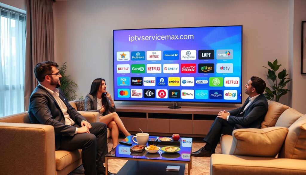 A sleek, modern living room setting showcasing a large flat-screen TV displaying a vibrant array of popular IPTV service logos, including "iptvservicemax.com." In the foreground, a diverse group of three adults—two men and one woman—dressed in professional business attire, are seated comfortably on a stylish couch, enthusiastically discussing content options. The middle ground features a coffee table with snacks and a remote control, emphasizing a relaxed viewing experience. The background features a well-lit room with soft, ambient lighting, and decorative elements like plants and artwork to create a welcoming atmosphere. Capture this scene from a slightly elevated angle to provide an engaging perspective, reflecting a warm, inviting vibe that resonates with mainstream appeal.