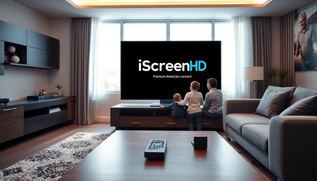 A sleek, modern living room setting with a large, ultra-high-definition screen prominently displaying the "iScreenHD IPTV" logo. In the foreground, a stylish coffee table holds a remote control and a smartphone, symbolizing streaming convenience. The middle ground features a comfortable sofa, with family members—two adults in smart casual attire and a child focused on the screen, enjoying premium American content. The background reveals a window with natural light flooding in, creating a welcoming atmosphere. Soft ambient lighting enhances the coziness of the room. Emphasize stability by showing a clean, efficient layout and realistic, high-quality details in the environment. Include a subtle branding element like the website "iptvservicemax.com" integrated into the decor, making it a part of the overall aesthetic without overpowering the scene. A sleek, modern living room setting with a large, ultra-high-definition screen prominently displaying the "iScreenHD IPTV" logo. In the foreground, a stylish coffee table holds a remote control and a smartphone, symbolizing streaming convenience. The middle ground features a comfortable sofa, with family members—two adults in smart casual attire and a child focused on the screen, enjoying premium American content. The background reveals a window with natural light flooding in, creating a welcoming atmosphere. Soft ambient lighting enhances the coziness of the room. Emphasize stability by showing a clean, efficient layout and realistic, high-quality details in the environment. Include a subtle branding element like the website "iptvservicemax.com" integrated into the decor, making it a part of the overall aesthetic without overpowering the scene.