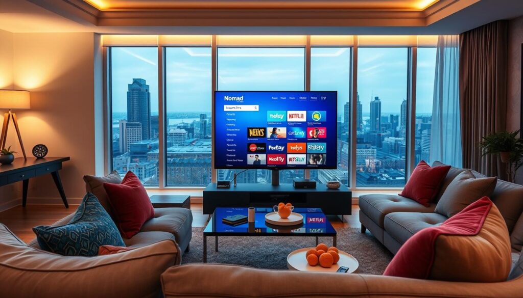 A sleek, modern living room with a high-definition television displaying Nomad IPTV's vibrant interface, showcasing various streaming options tailored for North American viewers. In the foreground, a comfortable couch adorned with colorful cushions invites relaxation, while a stylish coffee table holds a remote control and snacks. The middle ground features a cozy ambiance with soft lighting illuminating the space, creating an inviting atmosphere. The background shows a large window with a view of a city skyline, hinting at urban living. Capture this scene with a wide-angle lens, ensuring a warm and upbeat mood, celebrating the quality and convenience of streaming services like iptvservicemax.com.