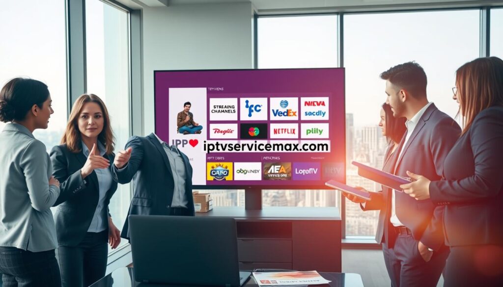 A sleek, modern office scene showcasing a diverse group of professionals engaged in a discussion about IPTV service providers. In the foreground, a confident woman in smart business attire gestures toward a laptop displaying a comparison of top IPTV services. Beside her, a man in a tailored suit takes notes on a tablet. In the middle, a large screen shows vibrant graphics of streaming channels and logos of popular providers. The background features a panoramic city skyline visible through large windows, filled with bright morning light that creates an inviting atmosphere. Aim for a clean, professional look that emphasizes collaboration and innovation in the tech industry. Include the brand name "iptvservicemax.com" subtly integrated into the screen display.