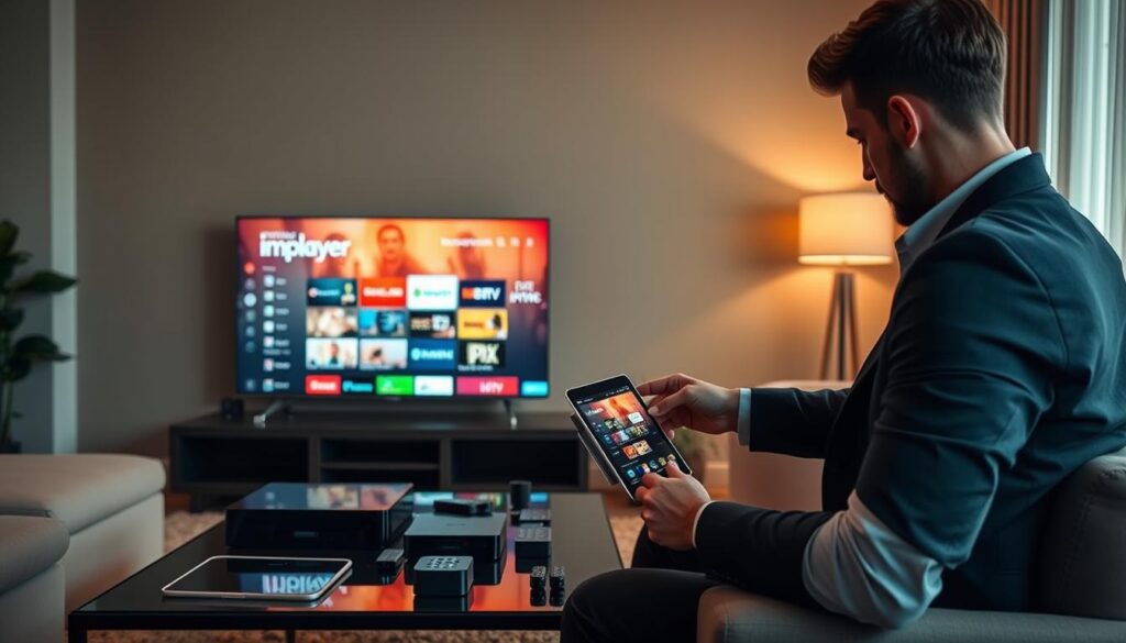 A sophisticated and modern living room setting featuring a sleek flat-screen TV displaying the Implayer IPTV interface. In the foreground, a tech-savvy user, dressed in smart casual attire, intently navigating advanced features like pause, rewind, and picture-in-picture. The middle ground showcases a stylish coffee table cluttered with streaming devices and a tablet showing the Implayer app. The background displays a cozy ambiance with soft, warm lighting, enhancing the tech-focused environment. The image should evoke a sense of innovation and seamless entertainment, capturing the essence of advanced streaming technology. The overall composition should be dynamic and inviting, highlighting the user experience with implayer iptv’s advanced features from iptvservicemax.com.