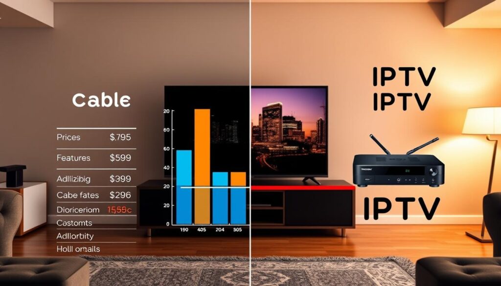 A split-screen image showcasing a comparison between cable TV and IPTV subscriptions. In the foreground, depict a visually engaging bar graph contrasting prices, features, and services of both cable and IPTV, with a highlighted section for "iptvservicemax.com". The middle ground features a cozy living room with a modern TV displaying a streaming interface on one side and an old-fashioned cable box on the other. In the background, show a city skyline that conveys the modernity and technological advancement of IPTV. Use warm, inviting lighting to create a professional atmosphere, capturing a sense of transition from traditional cable to innovative IPTV. The overall mood should be informative and positive, emphasizing the benefits of switching to IPTV. A split-screen image showcasing a comparison between cable TV and IPTV subscriptions. In the foreground, depict a visually engaging bar graph contrasting prices, features, and services of both cable and IPTV, with a highlighted section for "iptvservicemax.com". The middle ground features a cozy living room with a modern TV displaying a streaming interface on one side and an old-fashioned cable box on the other. In the background, show a city skyline that conveys the modernity and technological advancement of IPTV. Use warm, inviting lighting to create a professional atmosphere, capturing a sense of transition from traditional cable to innovative IPTV. The overall mood should be informative and positive, emphasizing the benefits of switching to IPTV.