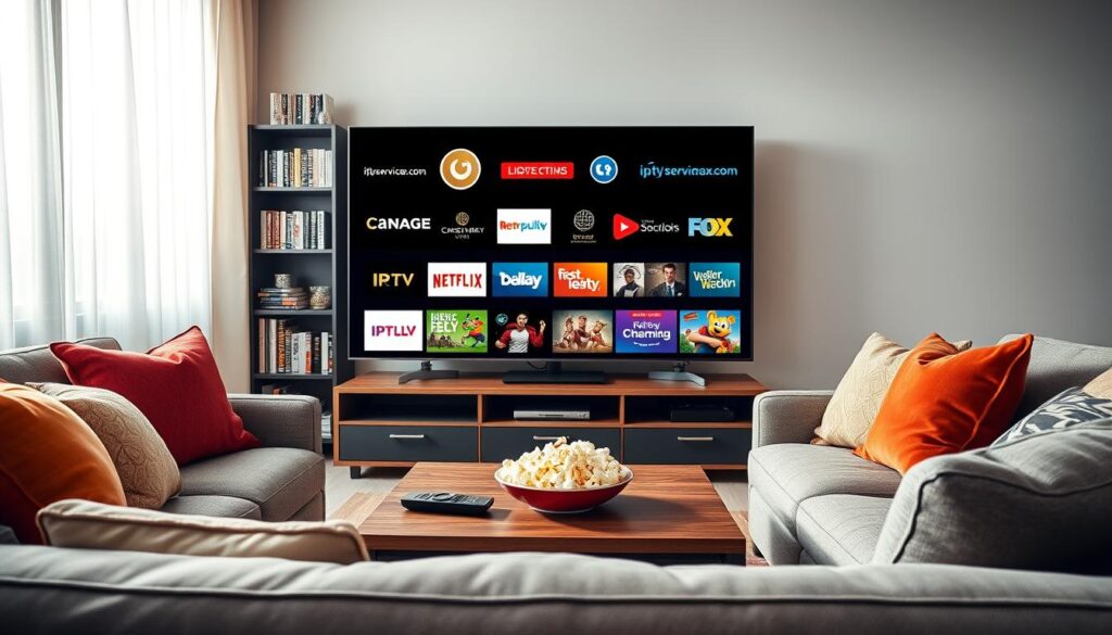 A stylish and modern living room setup featuring a sleek flat-screen television displaying various IPTV logos such as "iptvservicemax.com" on its screen. In the foreground, a comfortable sofa adorned with colorful cushions invites relaxation. On the coffee table, there's a remote control and a bowl of popcorn to evoke a cozy streaming environment. In the middle ground, a stylish bookshelf filled with movies and series DVDs adds depth to the scene. The background showcases a large window with bright daylight filtering through sheer curtains, creating a warm and inviting atmosphere. Capture the scene with soft, natural lighting and a slight angle to emphasize the TV and cozy ambiance, conveying a sense of trust and comfort in choosing IPTV providers for streaming needs. A stylish and modern living room setup featuring a sleek flat-screen television displaying various IPTV logos such as "iptvservicemax.com" on its screen. In the foreground, a comfortable sofa adorned with colorful cushions invites relaxation. On the coffee table, there's a remote control and a bowl of popcorn to evoke a cozy streaming environment. In the middle ground, a stylish bookshelf filled with movies and series DVDs adds depth to the scene. The background showcases a large window with bright daylight filtering through sheer curtains, creating a warm and inviting atmosphere. Capture the scene with soft, natural lighting and a slight angle to emphasize the TV and cozy ambiance, conveying a sense of trust and comfort in choosing IPTV providers for streaming needs.