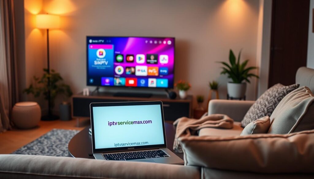 A stylish living room setting showcasing a sleek smart TV displaying the SilkIPTV interface, with its vibrant and user-friendly layout. In the foreground, a cozy couch with plush cushions and a throw blanket invites viewers to sit back and enjoy quality entertainment. On the coffee table, a laptop is open, displaying the website "iptvservicemax.com", emphasizing the affordable nature of the service. The middle ground features subtle decorative elements like indoor plants and a remote control, hinting at a comfortable family viewing experience. In the background, warm lighting casts a welcoming glow, creating an inviting atmosphere. The overall mood is relaxed and content, embodying the ideal for budget-conscious users seeking quality IPTV options.