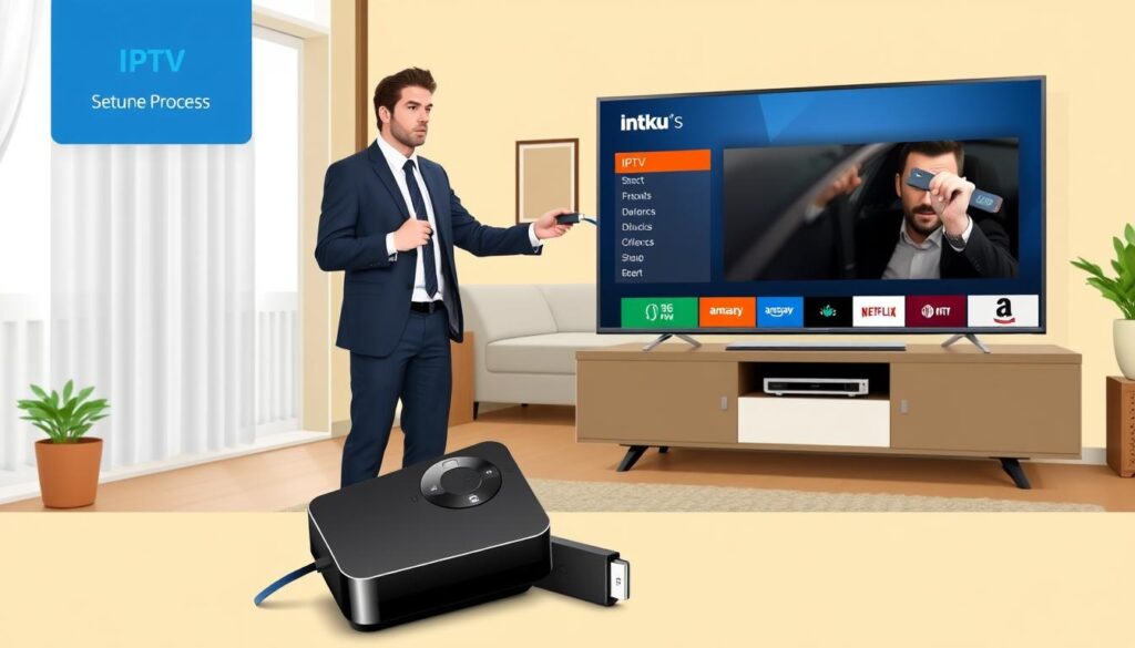 A vibrant and informative illustration showing the IPTV setup process and supported devices. In the foreground, a sleek, modern living room setting features a smart TV displaying a user-friendly IPTV interface. A compatible streaming device, such as a Roku or Amazon Fire Stick, is prominently placed on a stylish media console. In the middle ground, an individual in professional business attire is demonstrating the setup process, connecting cables and configuring settings, exuding a sense of expertise. The background shows a cozy home environment with soft, natural lighting streaming through a window, creating an inviting atmosphere. The image conveys a clear focus on device compatibility and ease of setup, reflecting the theme of trustworthy streaming services like iptvservicemax.com. Ensure the layout is well-organized, with an emphasis on clarity and professionalism.