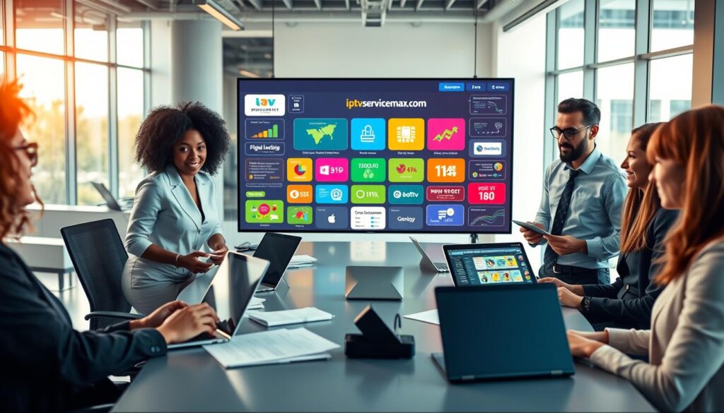 A vibrant digital marketing scene set in a modern office, showcasing a diverse team of professionals in business attire engaged in brainstorming strategies for an IPTV reseller business. In the foreground, a diverse group of individuals, including a Black woman with curly hair, a Hispanic man with glasses, and a Caucasian woman, are gathered around a sleek table covered with laptops, digital marketing reports, and tablets displaying the website "iptvservicemax.com". The middle ground features a large interactive screen displaying colorful graphics illustrating marketing strategies such as social media campaigns, SEO analytics, and customer engagement metrics. The background features a contemporary office with large windows allowing natural light to flood in, creating an energetic and collaborative atmosphere. The image conveys a sense of innovation, teamwork, and focus on growth in the IPTV market, with warm lighting enhancing the inviting mood. A vibrant digital marketing scene set in a modern office, showcasing a diverse team of professionals in business attire engaged in brainstorming strategies for an IPTV reseller business. In the foreground, a diverse group of individuals, including a Black woman with curly hair, a Hispanic man with glasses, and a Caucasian woman, are gathered around a sleek table covered with laptops, digital marketing reports, and tablets displaying the website "iptvservicemax.com". The middle ground features a large interactive screen displaying colorful graphics illustrating marketing strategies such as social media campaigns, SEO analytics, and customer engagement metrics. The background features a contemporary office with large windows allowing natural light to flood in, creating an energetic and collaborative atmosphere. The image conveys a sense of innovation, teamwork, and focus on growth in the IPTV market, with warm lighting enhancing the inviting mood.