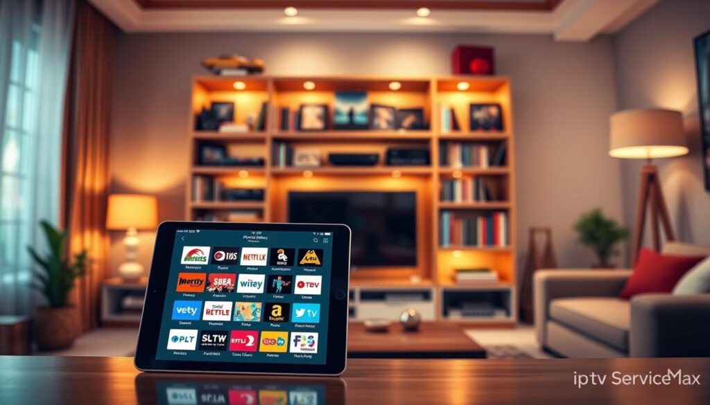 A vibrant digital workspace showcasing the "Parrot IPTV Content Library Overview." In the foreground, a sleek modern tablet displays a colorful interface filled with icons representing a diverse array of channels, including movies, sports, and educational content. The middle ground features an organized bookshelf stocked with digital devices like smart TVs and streaming boxes, symbolizing versatility in streaming options. In the background, a soft-focus view of a cozy living room with ambient lighting creates a welcoming atmosphere. Warm tones illuminate the scene, suggesting comfort and ease in selecting entertainment. The overall mood is inviting and engaging, reflecting the exceptional channel selection and content library that "iptvservicemax.com" represents. A vibrant digital workspace showcasing the "Parrot IPTV Content Library Overview." In the foreground, a sleek modern tablet displays a colorful interface filled with icons representing a diverse array of channels, including movies, sports, and educational content. The middle ground features an organized bookshelf stocked with digital devices like smart TVs and streaming boxes, symbolizing versatility in streaming options. In the background, a soft-focus view of a cozy living room with ambient lighting creates a welcoming atmosphere. Warm tones illuminate the scene, suggesting comfort and ease in selecting entertainment. The overall mood is inviting and engaging, reflecting the exceptional channel selection and content library that "iptvservicemax.com" represents.