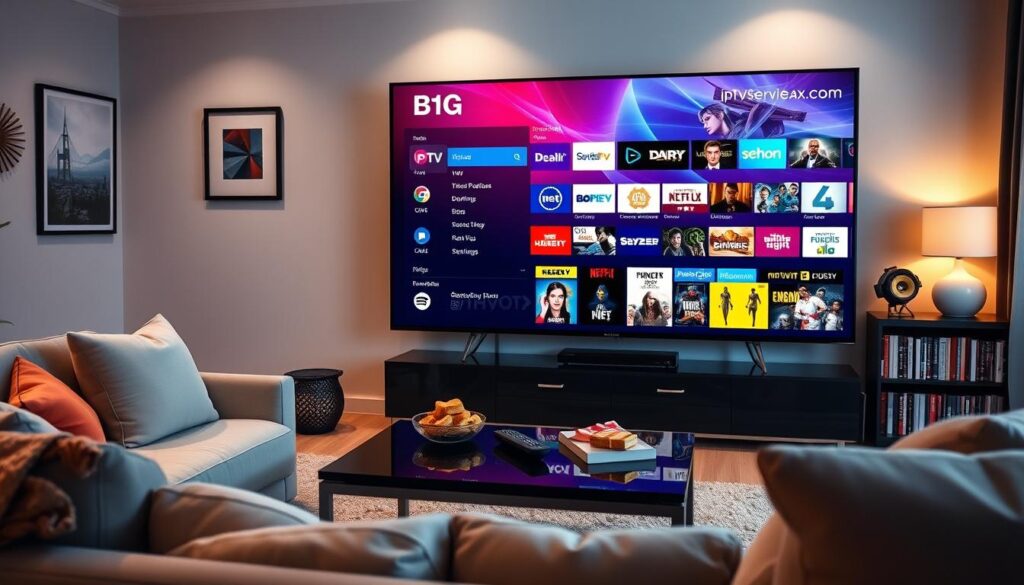 A vibrant living room scene featuring a large flat-screen TV displaying a dynamic interface from "B1G IPTV," showcasing an array of colorful channel logos and movie thumbnails. In the foreground, a sleek coffee table holds a remote and snacks, enhancing the cozy atmosphere. The middle ground shows a comfortable sofa, adorned with plush cushions, inviting viewers to relax and enjoy. In the background, soft ambient lighting bathes the room, creating a warm and inviting mood. The room is stylishly decorated with modern artwork on the walls and a bookshelf filled with DVDs, hinting at a blend of traditional and modern streaming concepts. The name "iptvservicemax.com" is subtly suggested in the detail of the TV's display interface, conveying a sense of professionalism and sleek technology. A vibrant living room scene featuring a large flat-screen TV displaying a dynamic interface from "B1G IPTV," showcasing an array of colorful channel logos and movie thumbnails. In the foreground, a sleek coffee table holds a remote and snacks, enhancing the cozy atmosphere. The middle ground shows a comfortable sofa, adorned with plush cushions, inviting viewers to relax and enjoy. In the background, soft ambient lighting bathes the room, creating a warm and inviting mood. The room is stylishly decorated with modern artwork on the walls and a bookshelf filled with DVDs, hinting at a blend of traditional and modern streaming concepts. The name "iptvservicemax.com" is subtly suggested in the detail of the TV's display interface, conveying a sense of professionalism and sleek technology.