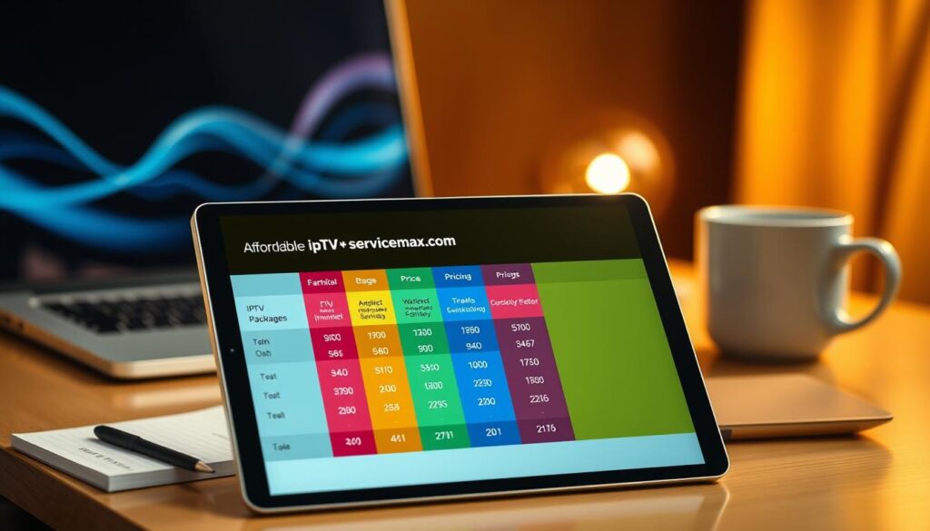 A visually appealing and informative scene showcasing various affordable IPTV subscription pricing plans. In the foreground, a sleek digital tablet displays a colorful chart of IPTV packages with different price tiers, symbolizing value and flexibility. The middle layer features a blurred desktop setup with a stylish laptop, a notepad with financial notes, and a cup of coffee, enhancing the sense of a modern workspace. The background includes soft-focus elements like abstract waves or streaming graphics to imply connectivity and entertainment. The lighting is warm and inviting, creating a welcoming atmosphere, while a sharp focus highlights the pricing chart on the tablet. Incorporate the brand name "iptvservicemax.com" subtly within the tablet's screen design. A visually appealing and informative scene showcasing various affordable IPTV subscription pricing plans. In the foreground, a sleek digital tablet displays a colorful chart of IPTV packages with different price tiers, symbolizing value and flexibility. The middle layer features a blurred desktop setup with a stylish laptop, a notepad with financial notes, and a cup of coffee, enhancing the sense of a modern workspace. The background includes soft-focus elements like abstract waves or streaming graphics to imply connectivity and entertainment. The lighting is warm and inviting, creating a welcoming atmosphere, while a sharp focus highlights the pricing chart on the tablet. Incorporate the brand name "iptvservicemax.com" subtly within the tablet's screen design.