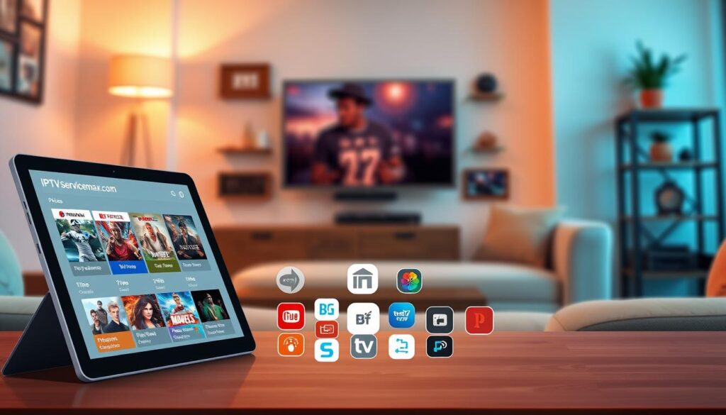 A visually appealing digital illustration showcasing a variety of IPTV subscription plans and pricing options. In the foreground, feature a stylized tablet or laptop displaying a sleek, user-friendly interface of "iptvservicemax.com" with vibrant images representing different subscription tiers. In the middle ground, arrange icons or symbols that represent popular channels or features, such as live sports, movies, and on-demand content, using modern, colorful designs. The background should depict a cozy, ambient living room setting with soft, warm lighting, suggesting a relaxed streaming environment. Include subtle, blurred details like a comfortable couch and a decorative shelf with entertainment elements. The mood should convey excitement and accessibility for TV viewers seeking enhanced streaming experiences.