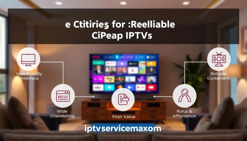 A visually appealing infographic showcasing the "Key Criteria for Selecting Reliable Cheap IPTVs." The foreground features icons representing essential criteria such as user-friendly interface, wide channel selection, and reliable customer support, beautifully illustrated in a modern style. The middle ground includes a sleek, minimalist television screen displaying vibrant IPTV channels, surrounded by symbols of value and affordability. The background consists of a cozy living room setting with soft ambient lighting that creates a warm and inviting atmosphere. Utilize a soft focus lens effect to add depth, while the angle captures the essence of contemporary home entertainment. The branding "iptvservicemax.com" is subtly incorporated in a professional manner, seamlessly integrated within the design. Aim for a cohesive and informative illustration that effectively communicates the criteria for selecting affordable IPTV services. A visually appealing infographic showcasing the "Key Criteria for Selecting Reliable Cheap IPTVs." The foreground features icons representing essential criteria such as user-friendly interface, wide channel selection, and reliable customer support, beautifully illustrated in a modern style. The middle ground includes a sleek, minimalist television screen displaying vibrant IPTV channels, surrounded by symbols of value and affordability. The background consists of a cozy living room setting with soft ambient lighting that creates a warm and inviting atmosphere. Utilize a soft focus lens effect to add depth, while the angle captures the essence of contemporary home entertainment. The branding "iptvservicemax.com" is subtly incorporated in a professional manner, seamlessly integrated within the design. Aim for a cohesive and informative illustration that effectively communicates the criteria for selecting affordable IPTV services.