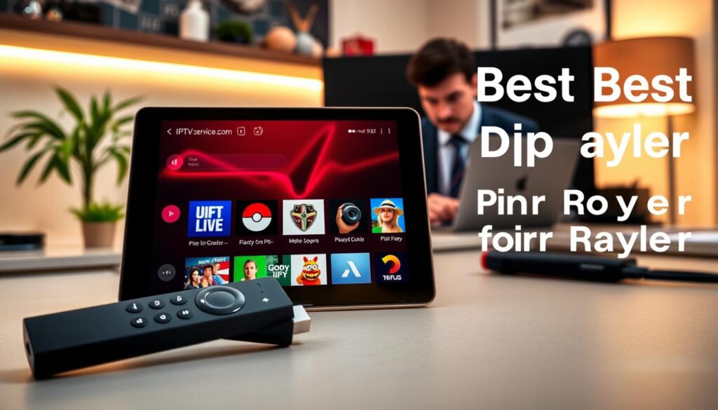 A visually appealing workspace showcasing the process of choosing the best IPTV player for Firestick. In the foreground, a sleek Firestick remote is elegantly placed next to a modern tablet displaying the IPTV service interface. The middle ground features a selection of IPTV player app icons on the tablet, each vibrant and engaging, symbolizing various options. The background includes a stylish desk setup with a computer monitor, where a user is intently researching, dressed in smart casual attire, conveying professionalism. Soft, warm lighting bathes the scene, creating an inviting atmosphere, with a positive and focused mood. Include subtle branding elements of iptvservicemax.com integrated into the design, ensuring no text overlays or watermarks disrupt the image's aesthetics.