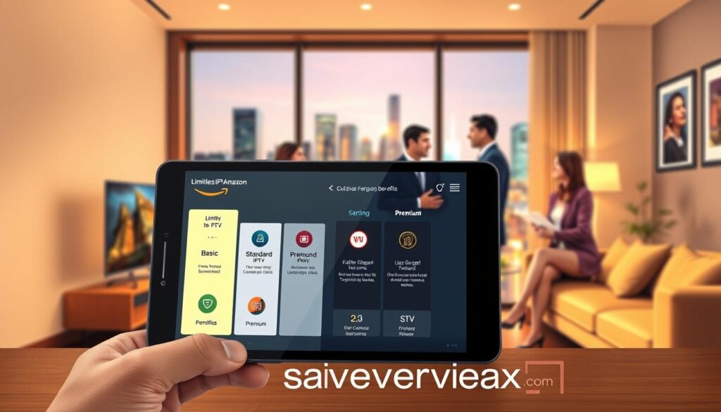 A visually engaging and informative illustration depicting the "Limitless Amazon IPTV Pricing Plans and Subscription Benefits." In the foreground, showcase a sleek tablet or smartphone displaying an attractive user interface of the Amazon IPTV app, highlighting various pricing tiers like “Basic”, “Standard”, and “Premium” with appealing icons for each plan. In the middle ground, include a stylish living room setting with a comfortable couch and a modern TV, suggesting a cozy viewing environment. The background should display a vibrant city skyline through a window, symbolizing connectivity and modernity. Ensure professional business professionals are casually engaged in discussing the subscription benefits, dressed in smart casual attire. Use warm lighting to create a welcoming atmosphere. Include the brand name "iptvservicemax.com" subtly integrated into the design without text overlays.
