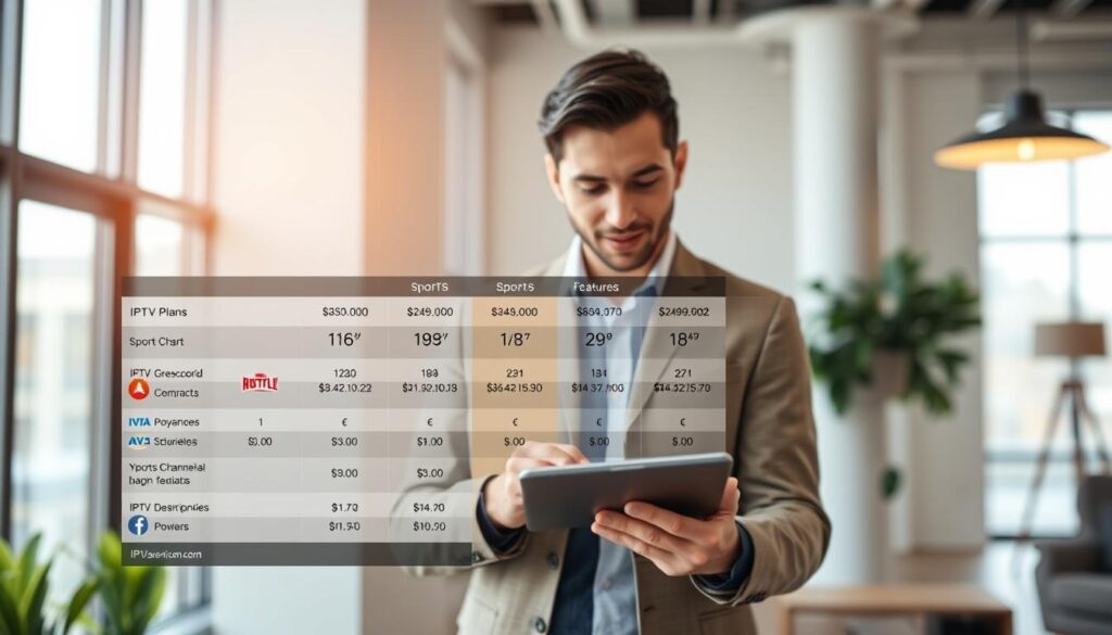 A visually engaging and informative image illustrating "IPTV Pricing and Subscription Plans Comparison". In the foreground, display a sleek, modern comparison chart showcasing different IPTV plans with icons representing sports channels, prices, and features. In the middle ground, include a professional businessperson, dressed in smart casual attire, analyzing the data on a tablet, with a thoughtful expression. The background should feature a stylish, contemporary office setting with soft lighting, large windows, and a minimalistic design. Use a warm color palette to create an inviting atmosphere, focusing on clarity and professionalism. Capture the scene from a slightly elevated angle to convey depth, ensuring no text or logos except for a subtle brand presence of "iptvservicemax.com" integrated into the chart design. A visually engaging and informative image illustrating "IPTV Pricing and Subscription Plans Comparison". In the foreground, display a sleek, modern comparison chart showcasing different IPTV plans with icons representing sports channels, prices, and features. In the middle ground, include a professional businessperson, dressed in smart casual attire, analyzing the data on a tablet, with a thoughtful expression. The background should feature a stylish, contemporary office setting with soft lighting, large windows, and a minimalistic design. Use a warm color palette to create an inviting atmosphere, focusing on clarity and professionalism. Capture the scene from a slightly elevated angle to convey depth, ensuring no text or logos except for a subtle brand presence of "iptvservicemax.com" integrated into the chart design.