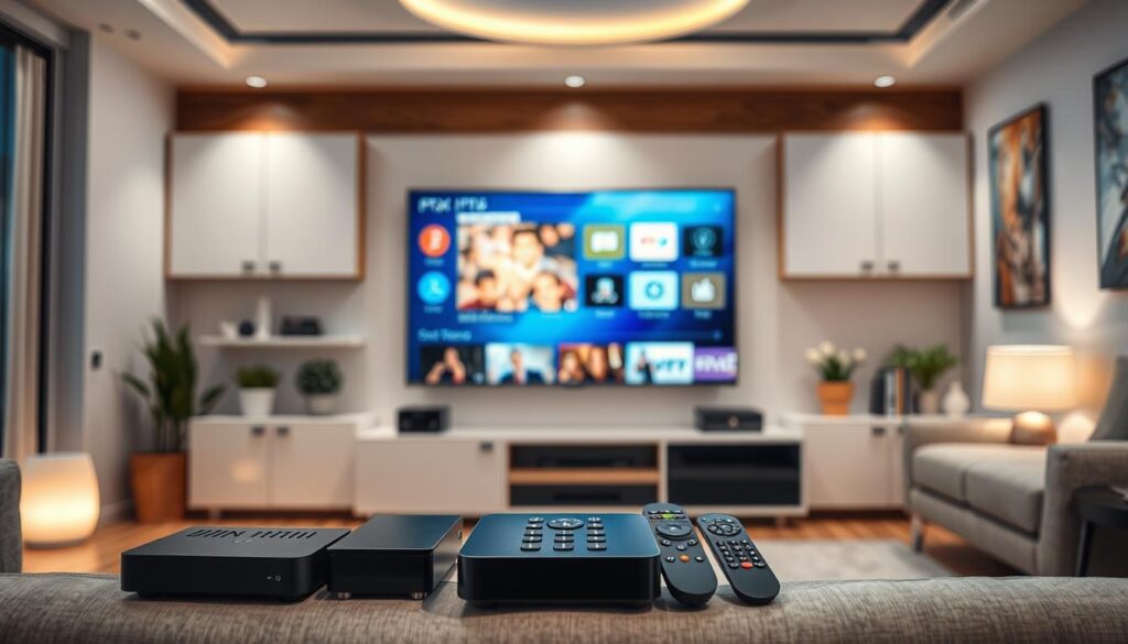 A visually engaging and informative overview of IPTV services, featuring a sleek modern living room setting as the foreground with a large flat-screen TV displaying a vibrant IPTV interface. In the middle ground, display essential elements such as streaming devices, diverse remote controls, and video-on-demand selections, illustrating the variety offered by iptvservicemax.com. The background should include a cozy atmosphere with soft ambient lighting, highlighting a stylish entertainment unit adorned with a few plants and decorative items that suggest a comfortable viewing experience. Use a slightly elevated angle to provide a comprehensive view of the IPTV setup, ensuring the overall mood feels welcoming and tech-savvy, inviting viewers to consider the key factors when choosing the best IPTV subscription. A visually engaging and informative overview of IPTV services, featuring a sleek modern living room setting as the foreground with a large flat-screen TV displaying a vibrant IPTV interface. In the middle ground, display essential elements such as streaming devices, diverse remote controls, and video-on-demand selections, illustrating the variety offered by iptvservicemax.com. The background should include a cozy atmosphere with soft ambient lighting, highlighting a stylish entertainment unit adorned with a few plants and decorative items that suggest a comfortable viewing experience. Use a slightly elevated angle to provide a comprehensive view of the IPTV setup, ensuring the overall mood feels welcoming and tech-savvy, inviting viewers to consider the key factors when choosing the best IPTV subscription.