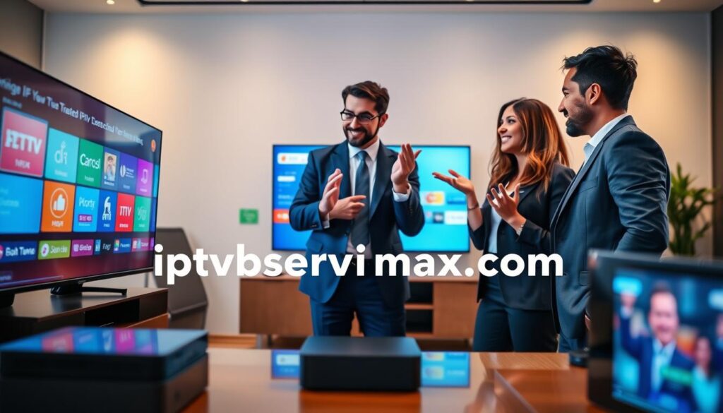 A visually engaging digital scene showcasing a range of affordable IPTV subscription providers in a modern, tech-inspired setting. In the foreground, sleek digital devices like smart TVs and streaming boxes display vibrant user interfaces. A confident, diverse group of three professionals dressed in smart business attire discusses and gestures enthusiastically towards the screens. The middle ground is filled with colorful icons or logos representing trusted IPTV services collectively labeled as "iptvservicemax.com", emphasizing affordability and reliability. In the background, soft lighting creates a warm ambiance, with abstract patterns symbolizing streaming connectivity. The angle captures the lively interaction, with a focus on the devices, suggesting a trustworthy and accessible environment for streaming in the US. A visually engaging digital scene showcasing a range of affordable IPTV subscription providers in a modern, tech-inspired setting. In the foreground, sleek digital devices like smart TVs and streaming boxes display vibrant user interfaces. A confident, diverse group of three professionals dressed in smart business attire discusses and gestures enthusiastically towards the screens. The middle ground is filled with colorful icons or logos representing trusted IPTV services collectively labeled as "iptvservicemax.com", emphasizing affordability and reliability. In the background, soft lighting creates a warm ambiance, with abstract patterns symbolizing streaming connectivity. The angle captures the lively interaction, with a focus on the devices, suggesting a trustworthy and accessible environment for streaming in the US.
