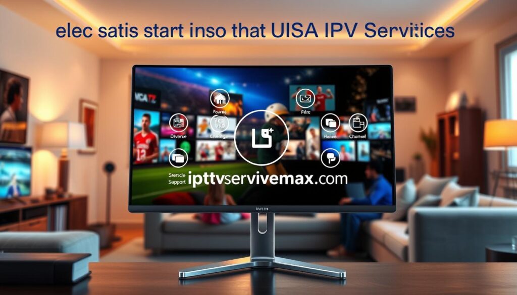 A visually engaging illustration showcasing the key factors of selecting USA IPTV services. In the foreground, display a modern, sleek computer monitor featuring vibrant streaming visuals of popular TV shows and sports events. In the middle, incorporate icons or elements symbolizing features such as high-quality streaming, diverse channel offerings, user interface, and customer support - all designed in a clean, professional style. The background should feature a cozy living room with soft, warm lighting, highlighting a family enjoying their streaming experience on a comfortable couch. Use a wide-angle lens perspective to provide depth and ensure the atmosphere feels inviting and engaging. Integrate the brand name "iptvservicemax.com" subtly within the design without distractions, maintaining a focus on the theme of quality and choice in IPTV services.