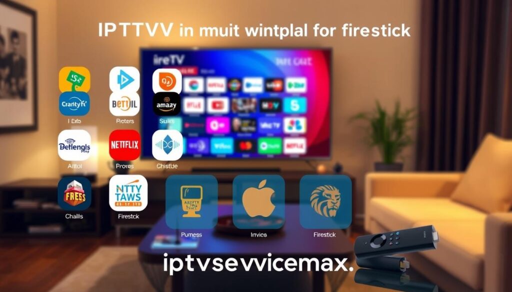 A visually engaging infographic illustrating "IPTV Free and Unofficial Services Overview." In the foreground, display various icons representing popular IPTV services in a colorful and modern design, each icon distinct and easily recognizable. In the middle, a sleek TV screen displays a vibrant streaming interface filled with diverse channels. In the background, a blurred image of a cozy living room setting with a Firestick remote on a coffee table, hinting at a comfortable viewing experience. Use warm lighting to create an inviting atmosphere. The overall mood should feel informative yet casual, perfect for a tech-savvy audience. Include the brand name "iptvservicemax.com" subtly integrated within the design, maintaining a professional appearance. A visually engaging infographic illustrating "IPTV Free and Unofficial Services Overview." In the foreground, display various icons representing popular IPTV services in a colorful and modern design, each icon distinct and easily recognizable. In the middle, a sleek TV screen displays a vibrant streaming interface filled with diverse channels. In the background, a blurred image of a cozy living room setting with a Firestick remote on a coffee table, hinting at a comfortable viewing experience. Use warm lighting to create an inviting atmosphere. The overall mood should feel informative yet casual, perfect for a tech-savvy audience. Include the brand name "iptvservicemax.com" subtly integrated within the design, maintaining a professional appearance.