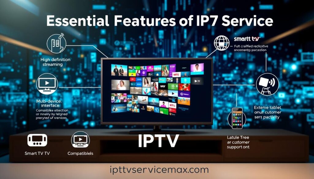 A visually engaging infographic illustrating the "Essential Features of IPTV Services." In the foreground, feature icons representing various IPTV features: high-definition streaming, user-friendly interface, multi-device compatibility, extensive channel selection, and reliable customer support. In the middle, use a split-screen design showcasing a diverse range of devices like smart TVs, tablets, and smartphones displaying vibrant streaming content. In the background, create a digital landscape filled with abstract representations of data streams and connectivity, emphasizing the technological aspect of IPTV services. Utilize soft, modern lighting for a clean and professional look, along with a slight depth of field to draw focus to the foreground. The overall mood should be informative and tech-savvy, with a color palette of blues and greens. Include the brand name "iptvservicemax.com" subtly integrated into the design. A visually engaging infographic illustrating the "Essential Features of IPTV Services." In the foreground, feature icons representing various IPTV features: high-definition streaming, user-friendly interface, multi-device compatibility, extensive channel selection, and reliable customer support. In the middle, use a split-screen design showcasing a diverse range of devices like smart TVs, tablets, and smartphones displaying vibrant streaming content. In the background, create a digital landscape filled with abstract representations of data streams and connectivity, emphasizing the technological aspect of IPTV services. Utilize soft, modern lighting for a clean and professional look, along with a slight depth of field to draw focus to the foreground. The overall mood should be informative and tech-savvy, with a color palette of blues and greens. Include the brand name "iptvservicemax.com" subtly integrated into the design.