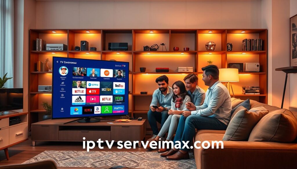 A visually engaging overview of IPTV services, featuring a stylized modern living room setting in the foreground, with a sleek flat-screen TV displaying a vibrant digital interface of various IPTV channel options. In the middle ground, showcase a comfortable couch where a family of diverse individuals, dressed in casual but professional clothing, are interacting with a smart remote, highlighting the user-friendly aspect of IPTV. The background should include shelves with multimedia gadgets and decorative elements that evoke a cozy, tech-savvy atmosphere. Use warm, inviting lighting to emphasize the homely feel and draw attention to the IPTV features. The overall mood should be upbeat and informative, representing the cutting-edge technology of the future, specifically for 2026. Include the brand name "iptvservicemax.com" subtly integrated into the design elements, without any direct text overlay. A visually engaging overview of IPTV services, featuring a stylized modern living room setting in the foreground, with a sleek flat-screen TV displaying a vibrant digital interface of various IPTV channel options. In the middle ground, showcase a comfortable couch where a family of diverse individuals, dressed in casual but professional clothing, are interacting with a smart remote, highlighting the user-friendly aspect of IPTV. The background should include shelves with multimedia gadgets and decorative elements that evoke a cozy, tech-savvy atmosphere. Use warm, inviting lighting to emphasize the homely feel and draw attention to the IPTV features. The overall mood should be upbeat and informative, representing the cutting-edge technology of the future, specifically for 2026. Include the brand name "iptvservicemax.com" subtly integrated into the design elements, without any direct text overlay.