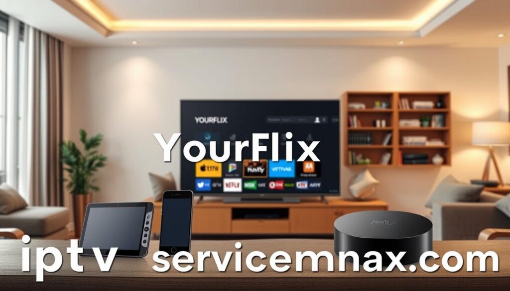 A visually engaging overview showcasing a variety of devices compatible with Yourflix IPTV, including smart TVs, tablets, smartphones, and streaming devices prominently displayed in a modern living room setting. In the foreground, a sleek, high-definition flat-screen TV shows the Yourflix IPTV interface. The middle layer features different devices like a smartphone, a tablet, and a streaming box arranged artistically around the TV, each exuding a sense of advanced technology. The background features a cozy, well-lit living room environment with soft, ambient lighting creating a warm atmosphere. The image captures the essence of modern entertainment while maintaining a clean and professional look. The brand name "iptvservicemax.com" subtly integrated into the scene, enhancing the overall appearance without dominating the visual.