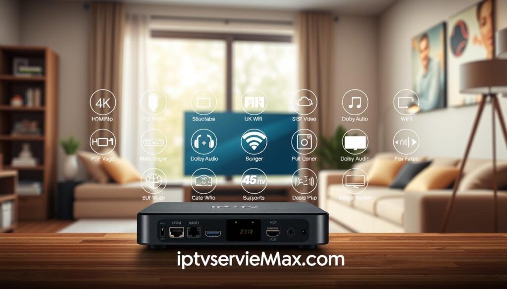 A visually striking and informative illustration showcasing key technical specifications for IPTV streaming devices, focused around the brand "iptvservicemax.com". In the foreground, feature a modern IPTV device with sleek design elements, emphasizing connectivity ports like HDMI, USB, and Ethernet. The middle ground should display an array of technical icons representing features such as 4K resolution, Wi-Fi capability, and Dolby Audio support, arranged harmoniously. The background can be a cozy living room setting, softly lit with natural light filtering through a window, creating a warm and inviting atmosphere. Capture the scene with a slightly elevated angle to provide a comprehensive view, evoking a sense of confidence and reliability in choosing IPTV devices for seamless streaming.