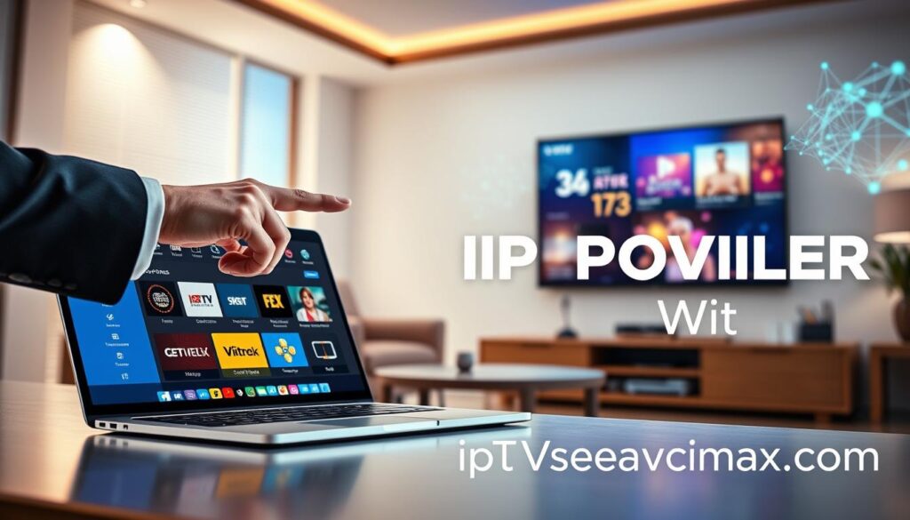 A visually striking image illustrating an IPTV provider comparison, featuring a dynamic composition. In the foreground, a sleek laptop displaying a vibrant interface of multiple IPTV options, with colorful icons and user-friendly menus. A hand, dressed in professional business attire, is pointing at one of the options, signifying choice. The middle ground showcases a modern, well-lit living room setting with a large flat-screen TV showing streaming content. The background features abstract graphics representing data streams and digital connectivity, symbolizing technology and innovation. Soft, warm lighting creates an inviting atmosphere, while the overall mood conveys a sense of empowerment and informed decision-making. Include visual elements referencing "iptvservicemax.com" subtly integrated into the design.