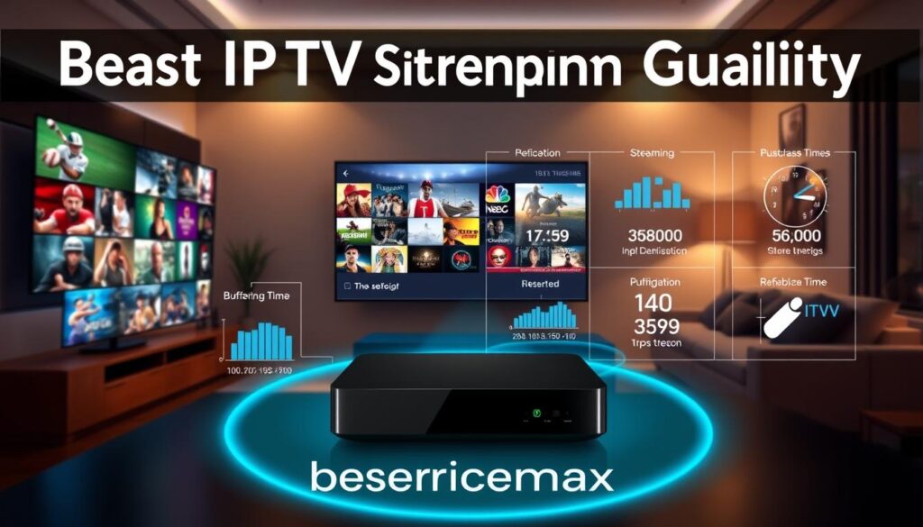 A visually striking overview of "Beast IPTV Streaming Quality", illustrated in an informative infographic style. In the foreground, display a high-resolution digital screen showing diverse streaming content, such as sports, movies, and news, with vibrant colors and clear imagery. In the middle ground, include metrics and graphs illustrating streaming performance, like buffering time and resolution, using modern design elements. The background should feature a stylish living room setting, subtly incorporating a sleek IPTV device, creating an inviting atmosphere. Use warm, balanced lighting to enhance clarity and focus on key details. The overall mood should convey reliability and high performance in streaming services. Include the brand name "iptvservicemax.com" seamlessly integrated into the design.